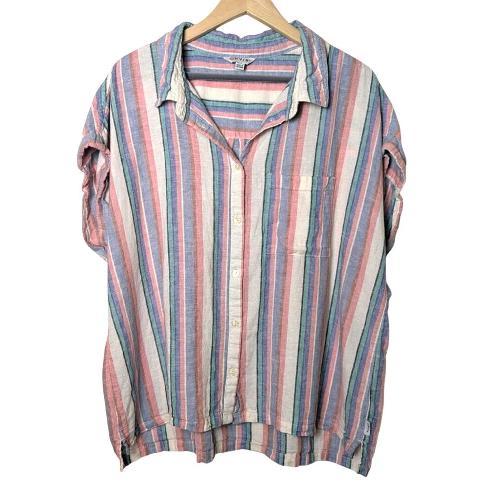 Orvis Linen Blend Button Down Camp Shirt Stripes Women Size XL Gorpcore Outdoors